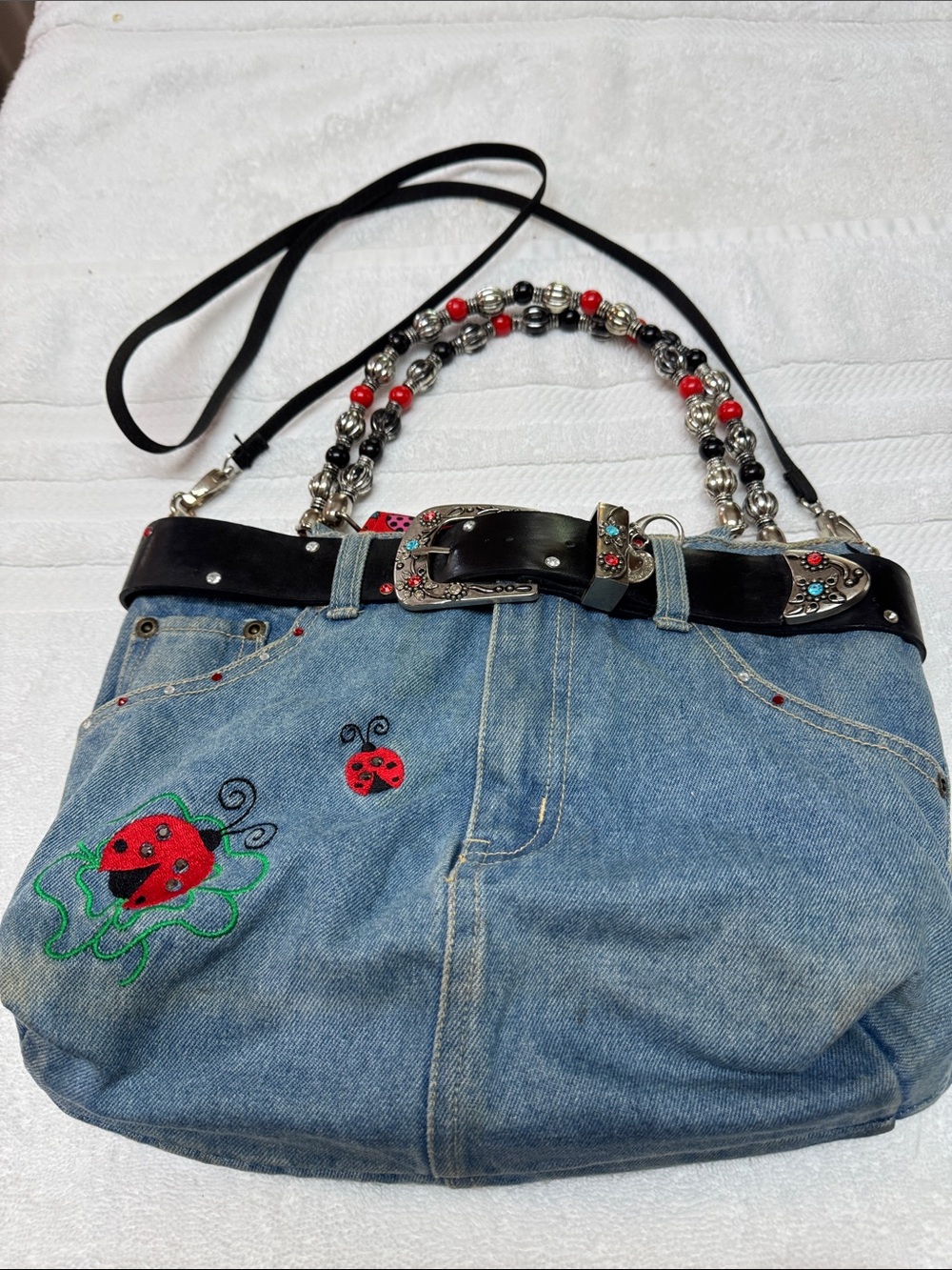 Vintage Rustic Faded Denim Ladybug Shoulder Bag with Beaded Strap. Rare to Find